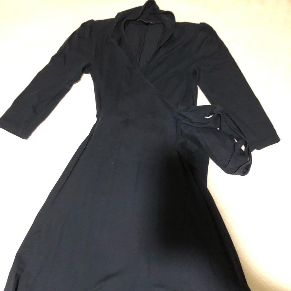 Small petite banana republic faux wrap navy dress to knee